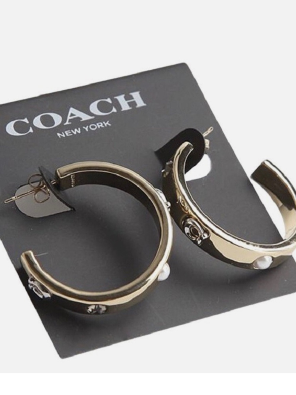 AUTH NEW Coach Gold Pegged Signature & Stone Hoop Earrings w/Card/Tag & Dust Bag